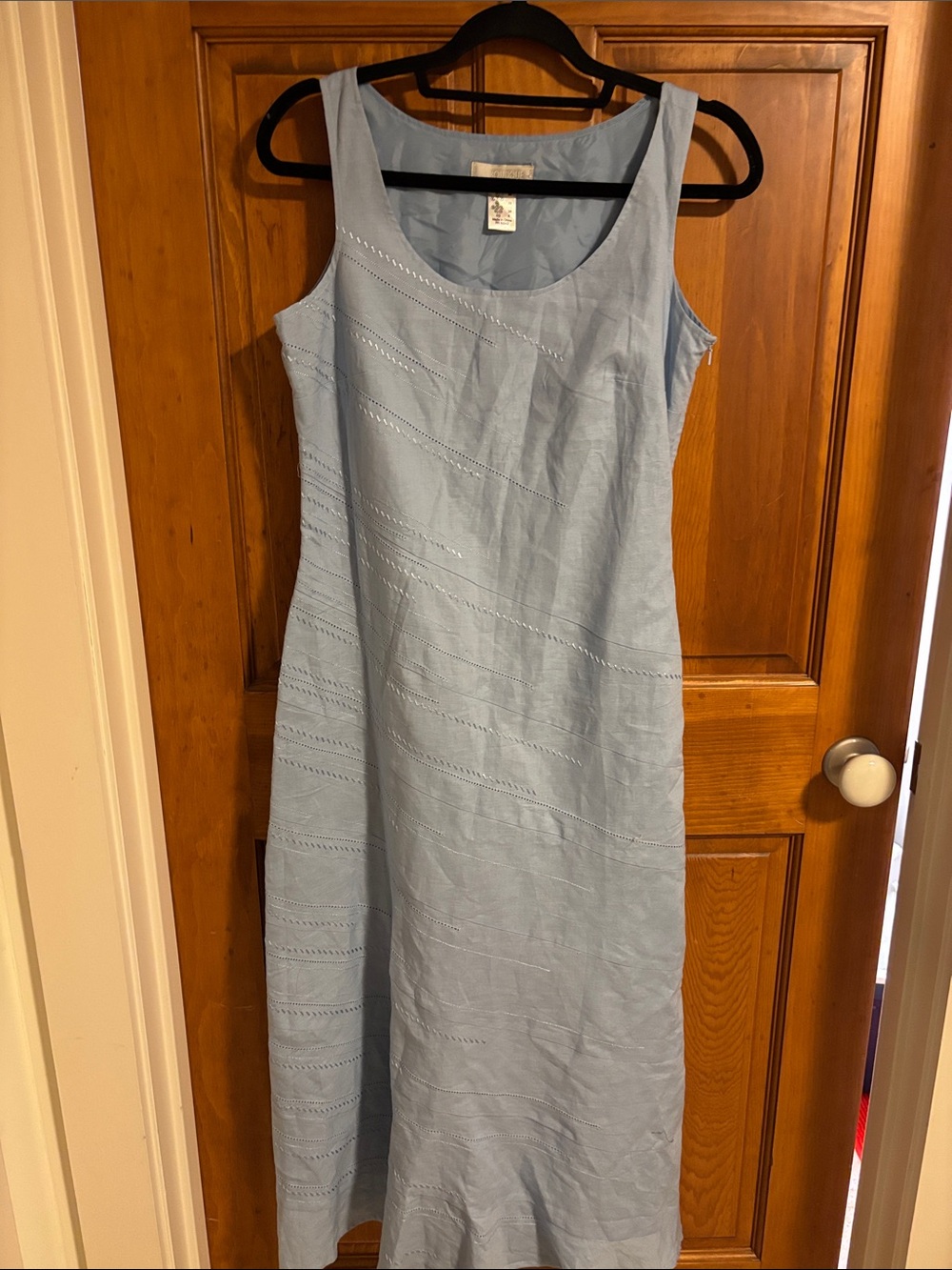 La Boutique ice blue A-line midi linen/cotton sleeveless dress. Size 10.